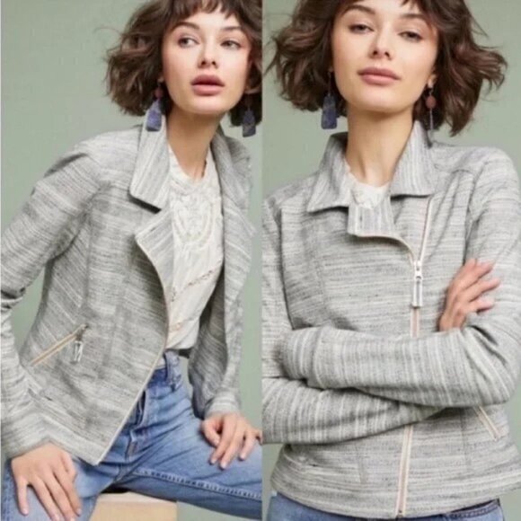 ANTHROPOLOGIE Caitlin Grey Knit Zipper Moto Jacket, Size XS - Picture 1 of 13